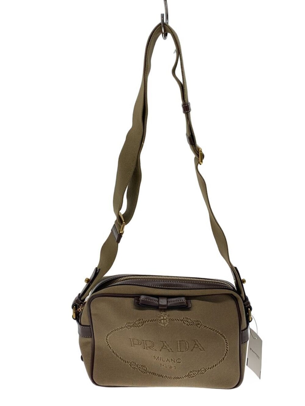 Prada Logo Jacquard Camera Bag beige canvas brown leather